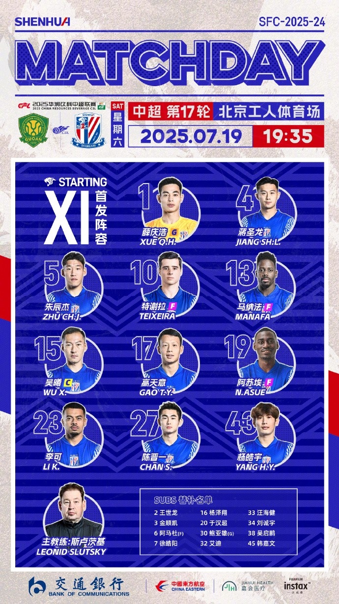 2025中超联赛第17轮 北京国安 vs 上海申花 首发名单 ​​​